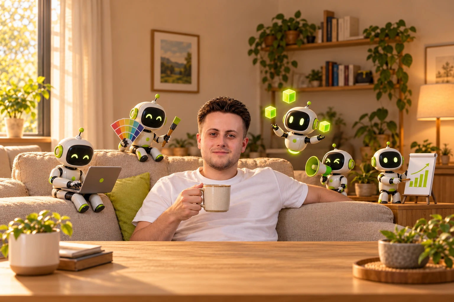 Martin Bezucha sedí na gauči a kolem něj pracují AI roboti – programují, navrhují, analyzují data, dělají marketing a řídí firmu