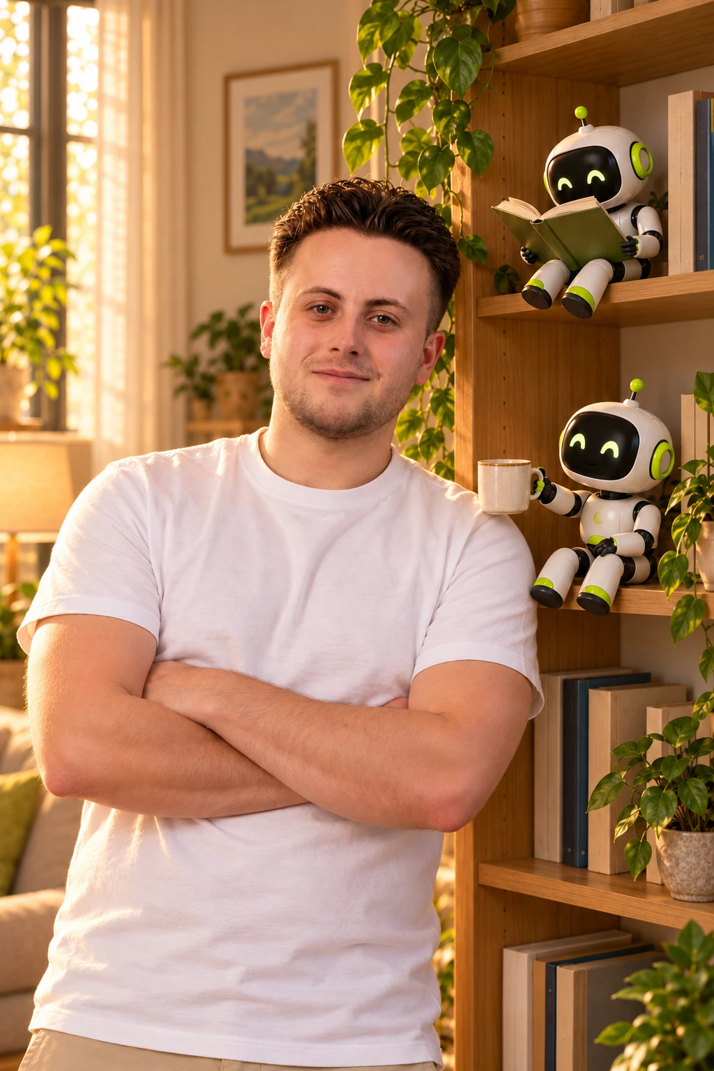Martin Bezucha opřený o knihovnu, vedle něj dva malí roboti – jeden čte knihu, druhý mu podává kávu